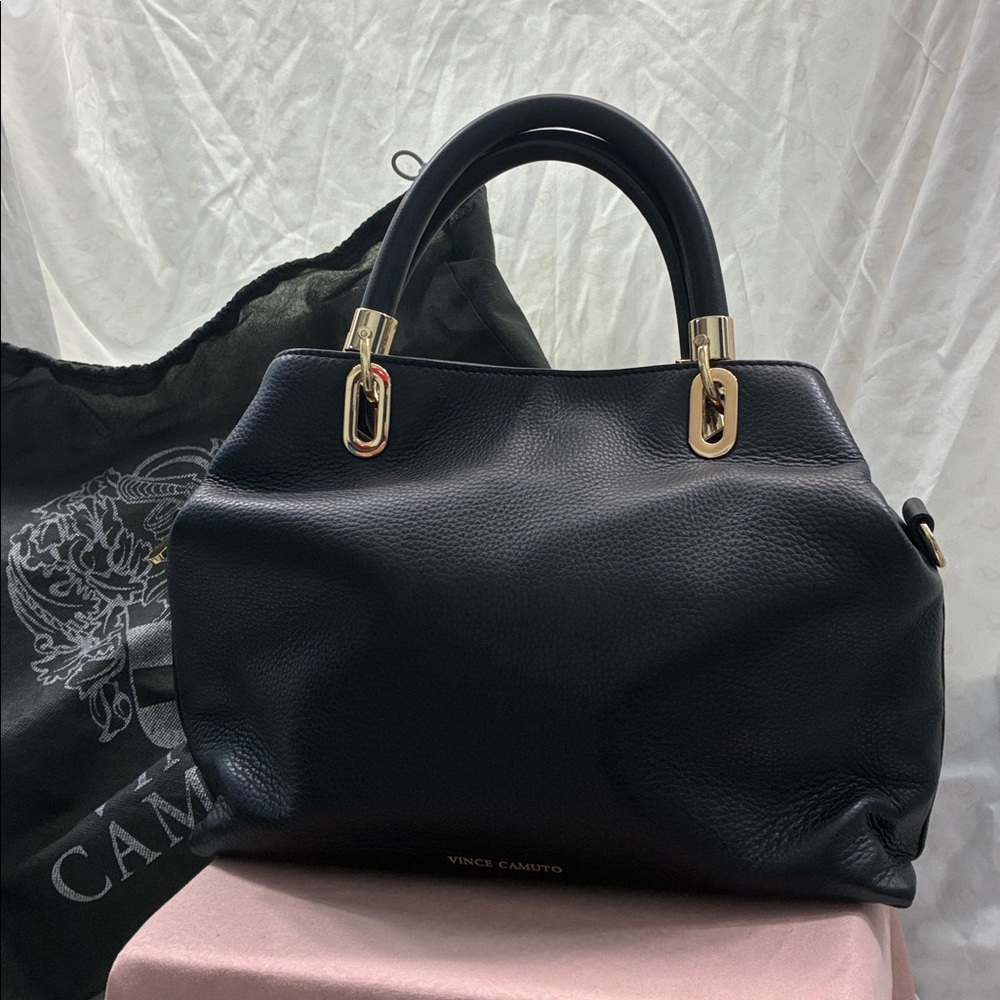 New Vince Camuto Black Leather Handbag with Gold Hardware - Picture 3 of 8
